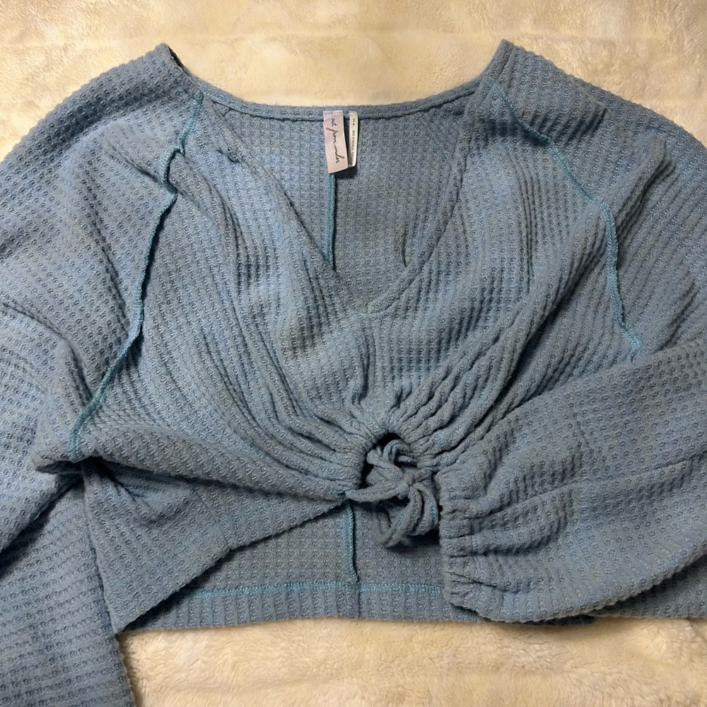 Blue Knotted Waffle Knit Sweater Top